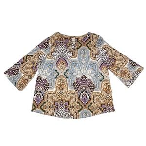 Chicos Size 2 Paisley Bell Sleeve Top Womens M Keyhole Neck Fall Boho Chic Artsy